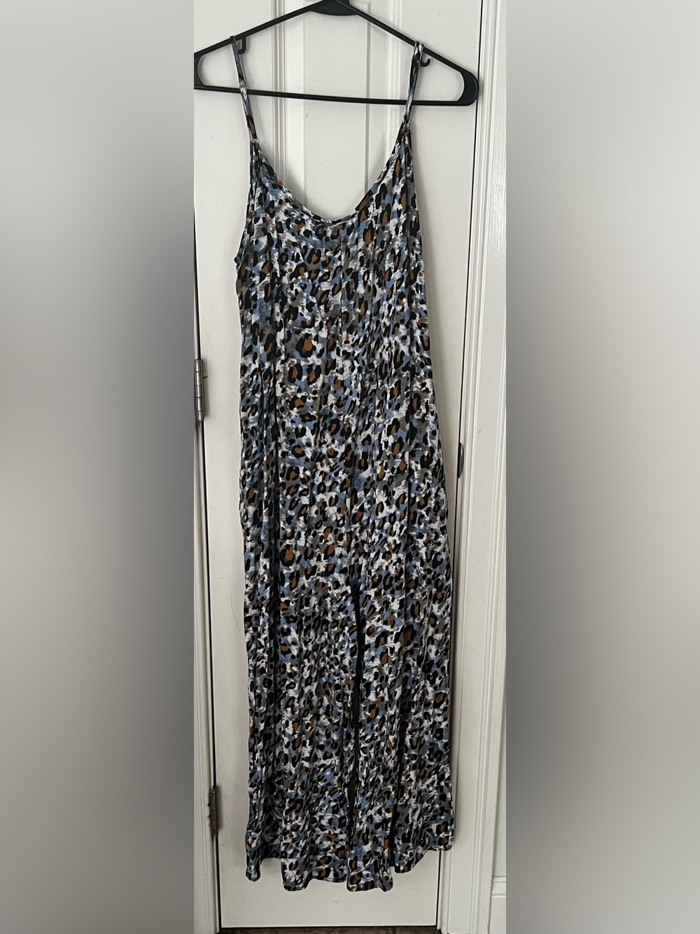 Sleeveless Blue and Brown Leopard-Print Maxi Jumpsuit